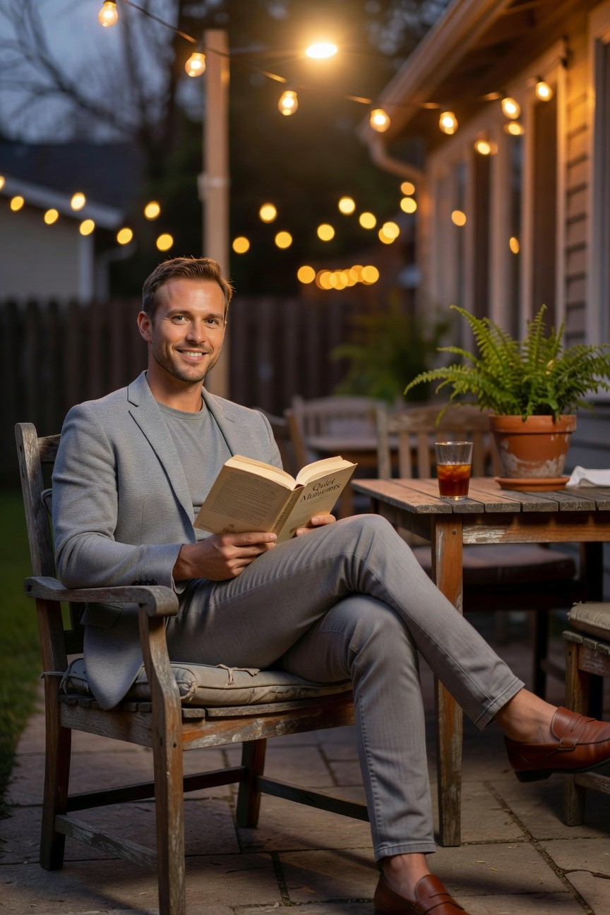 Handsome man in light grey blazer over white t-shirt, light grey slim trousers, and brown loafers, seated casually reading an open book at a wooden patio table with a glass of iced tea nearby
