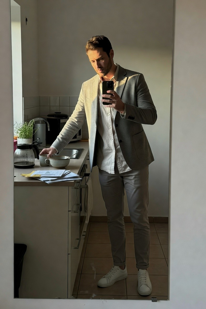 Mirror selfie of a man in a light grey blazer, white button-up shirt, matching light grey slim pants cuffed at ankles, and white sneakers, standing in a kitchen holding a phone and bowl