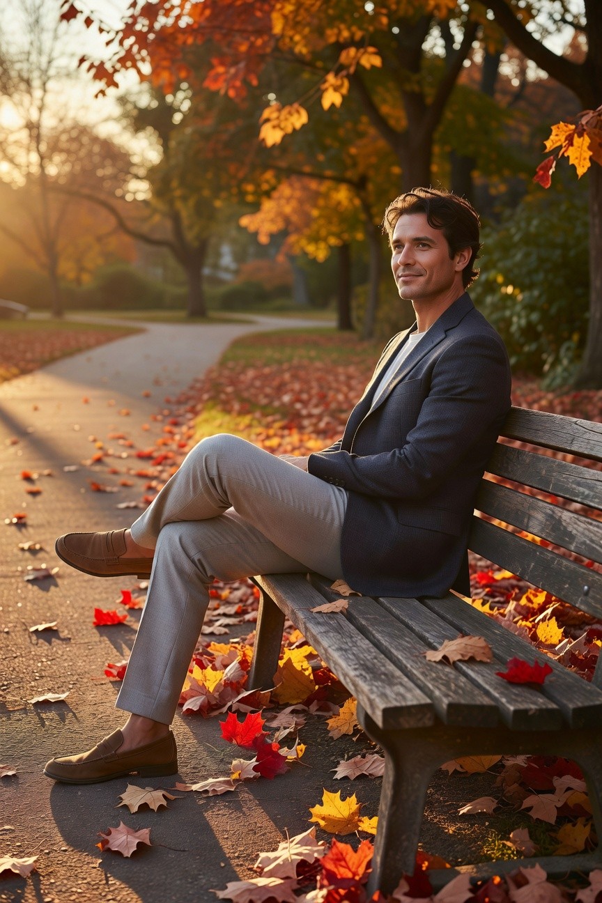 Man in navy textured blazer, white shirt, light grey slim pants, and brown loafers, sitting sideways on a wooden bench with relaxed posture