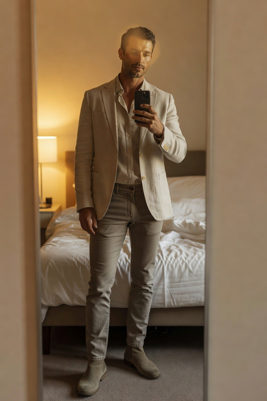 Handsome man in cream linen blazer over open white shirt, light grey slim pants, and tan suede chelsea boots, posing in front of hotel mirror while holding phone for selfie