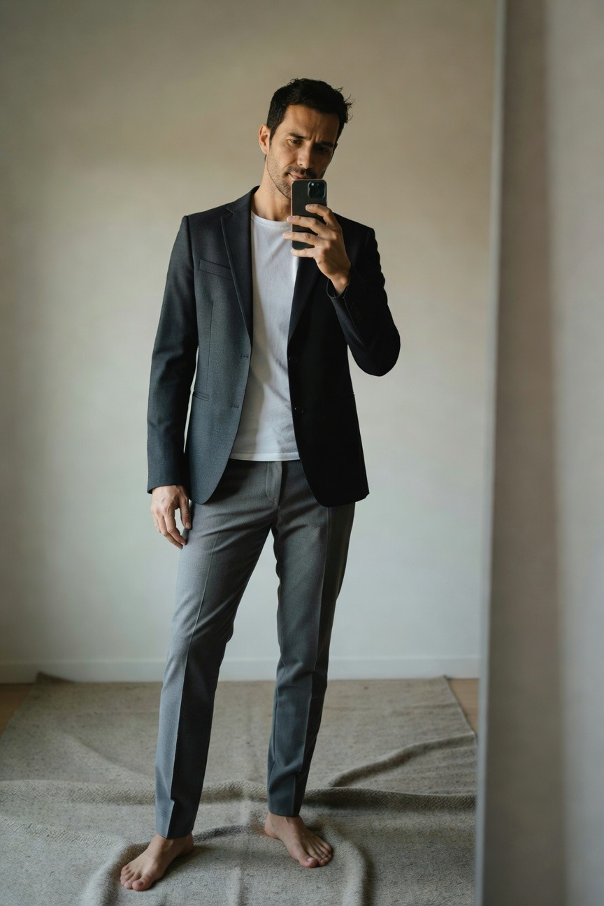 Man taking mirror selfie in slim navy blazer over white t-shirt tucked into light grey slim trousers, standing barefoot on beige rug in minimalist room