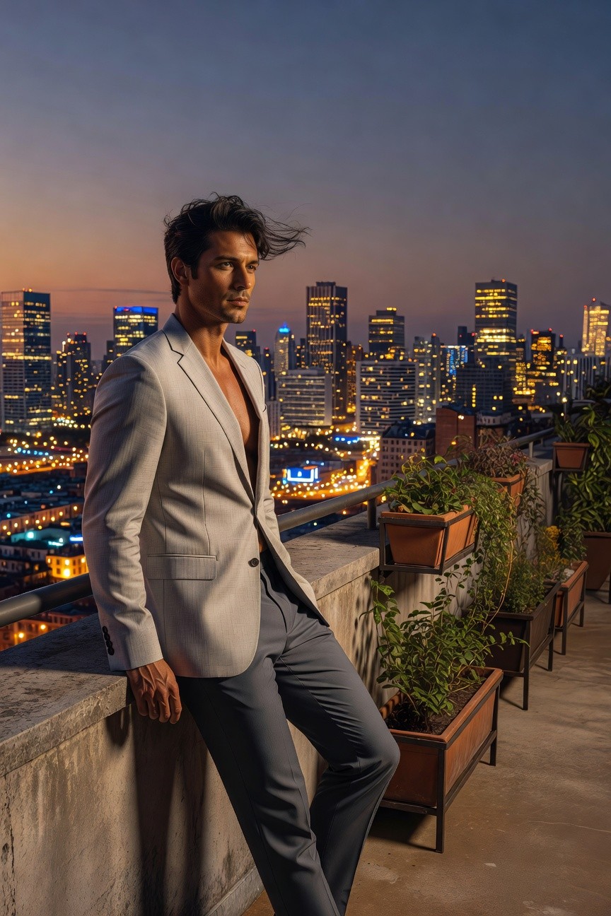Handsome man in open light grey textured blazer with bare chest, slim darker grey pants, leaning casually on rooftop ledge surrounded by potted plants, city skyline at dusk in background
