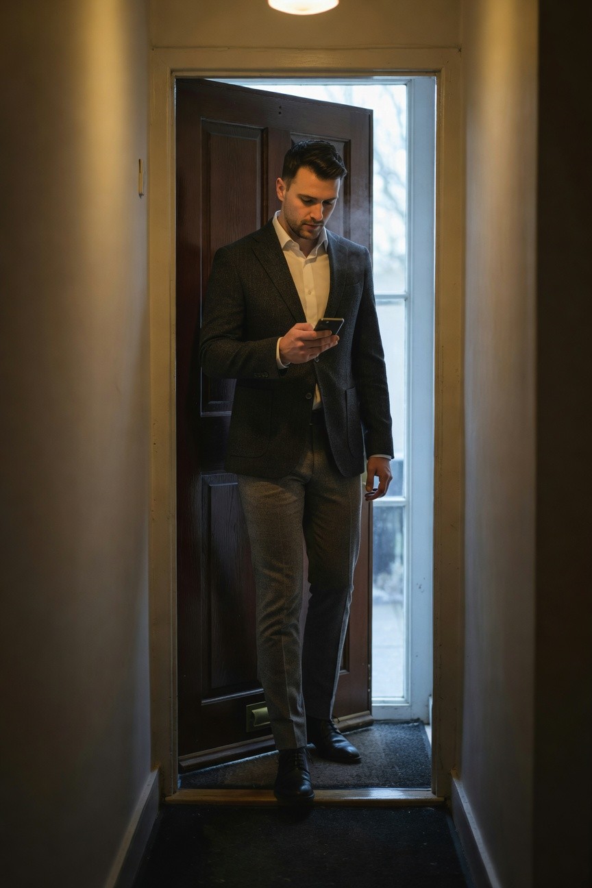 Man in dark textured grey blazer, white dress shirt, light grey trousers, and black dress shoes, stepping through a doorway while checking his phone