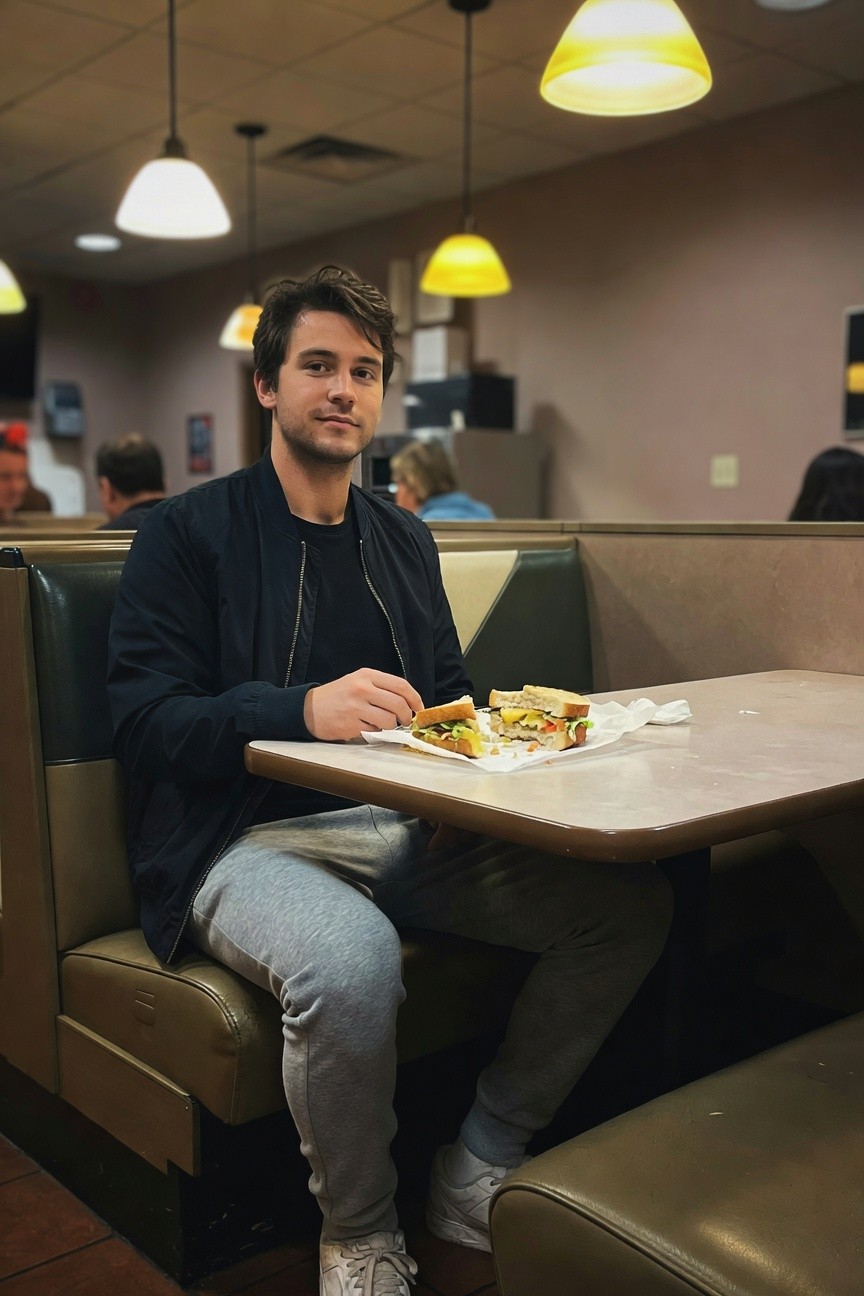 Young man in black bomber jacket over black t-shirt, grey jogger trousers, and white sneakers, sitting in a diner booth holding a sandwich on a plate