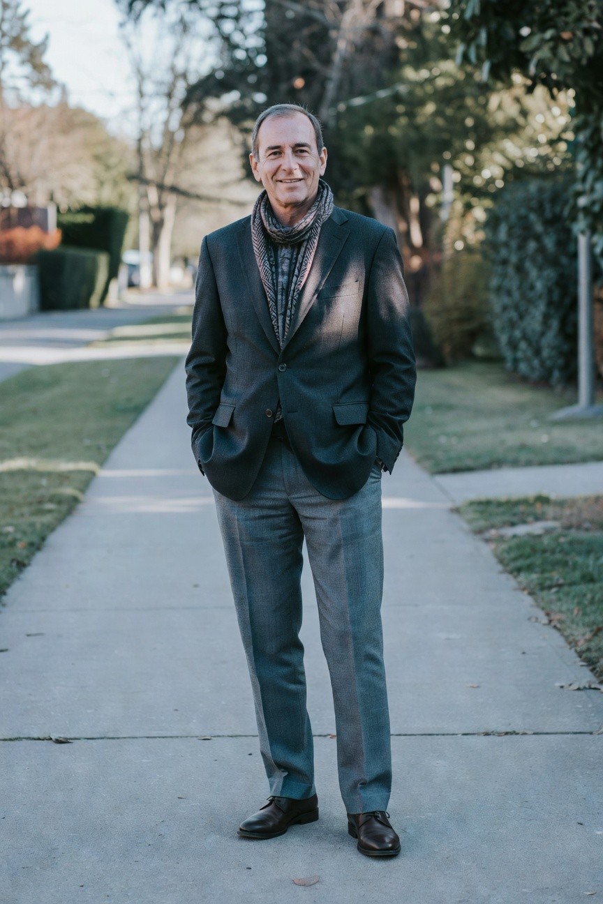 Man standing confidently in charcoal blazer, patterned scarf, light grey wool trousers, and brown oxford shoes, hands in pockets