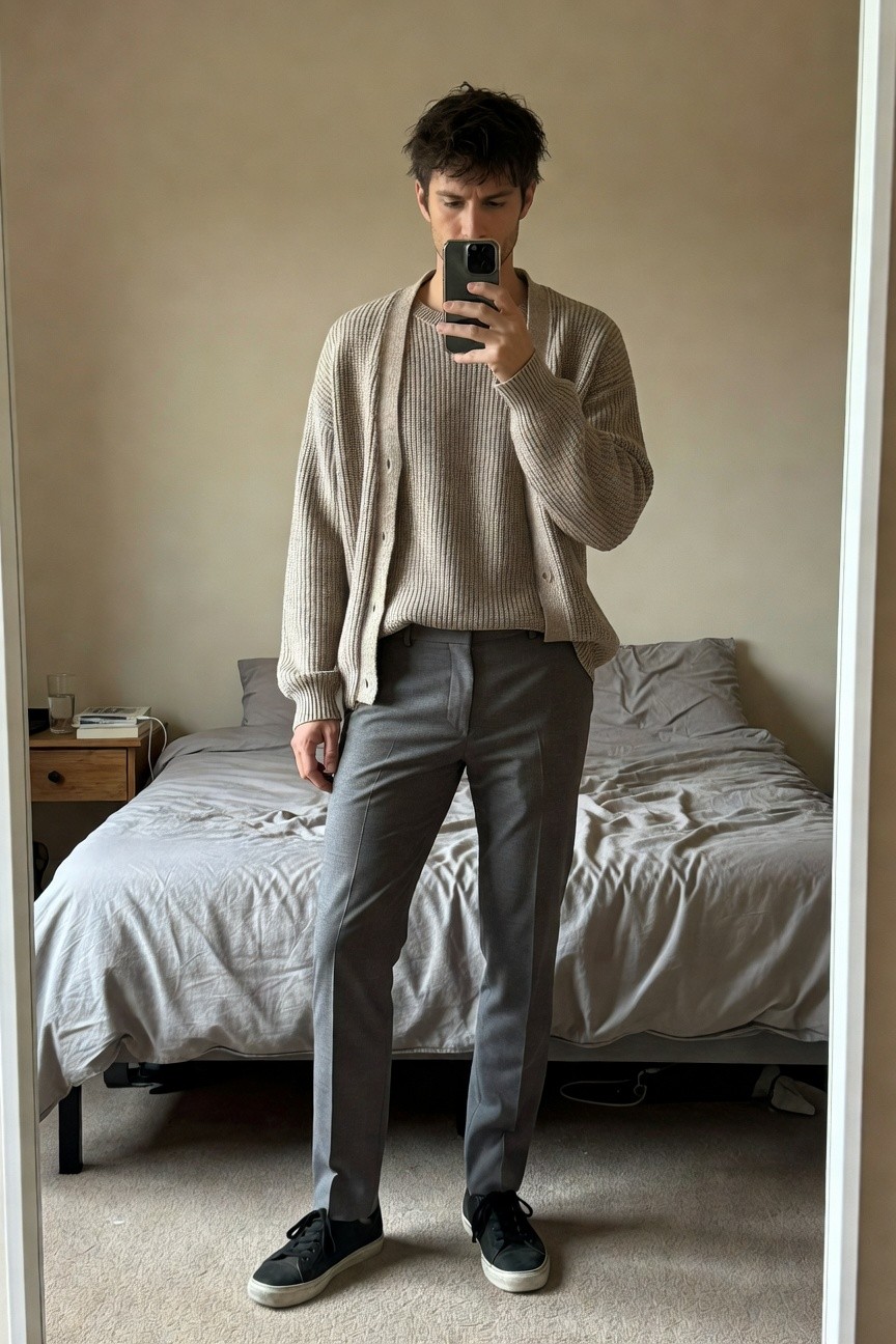 Man in mirror selfie wearing open cream knit cardigan over cream sweater, paired with slim grey trousers and black sneakers, standing in bedroom