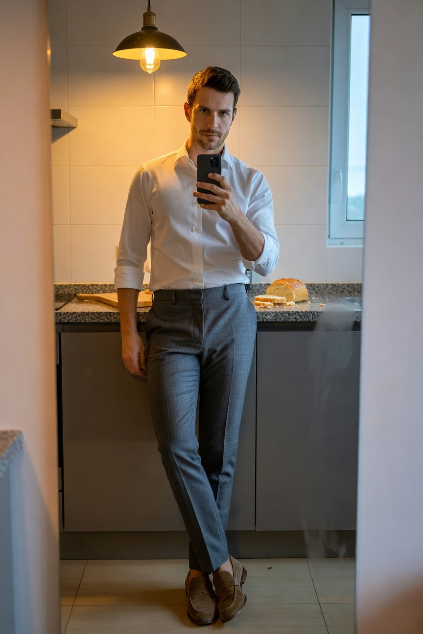 Man in slim grey trousers, white long-sleeve shirt with rolled cuffs, tan suede loafers, leaning against kitchen counter taking selfie, modern white tiled kitchen background