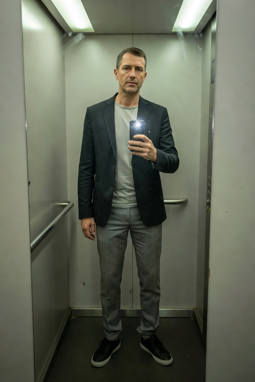 Man taking a selfie in an elevator wearing a dark textured blazer over a light t-shirt, slim light grey trousers, and black sneakers with white soles