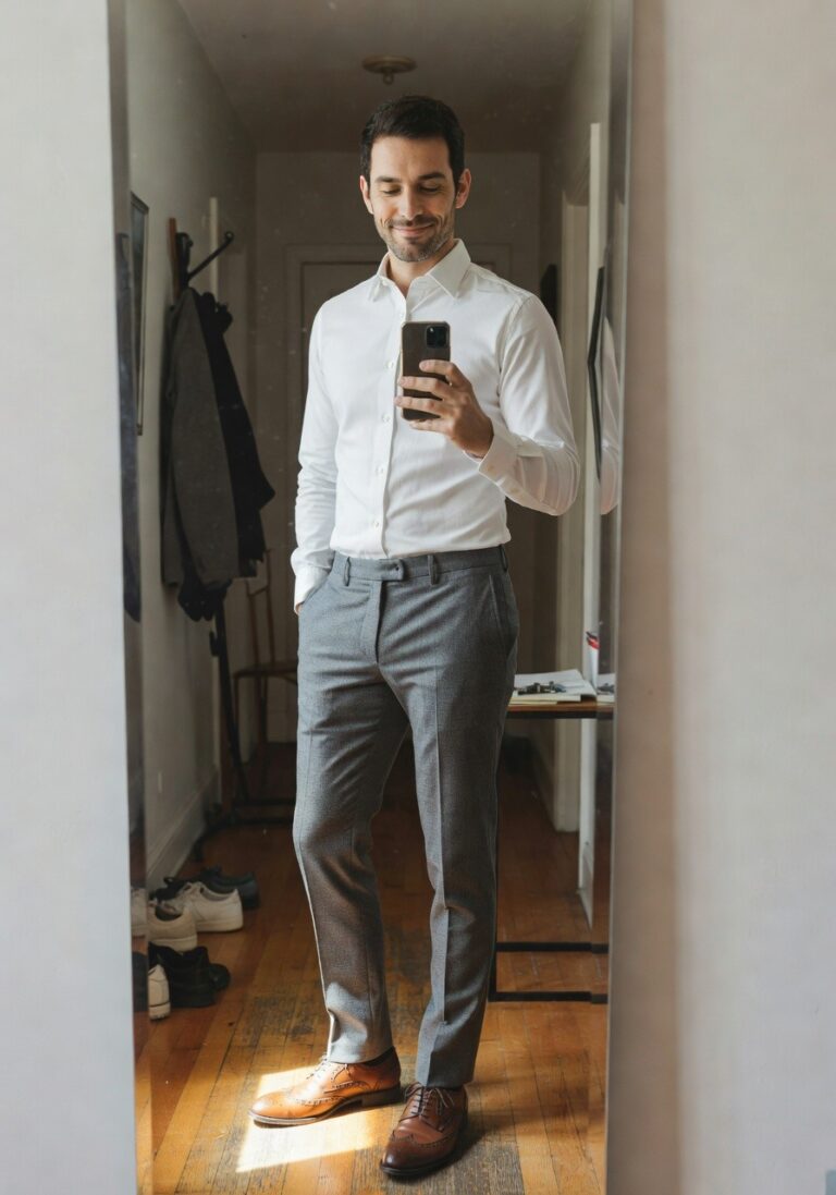 A man stands in front of a mirror wearing a white long-sleeve button-up shirt tucked into slim grey trousers, brown wingtip brogue shoes on his feet, holding a phone for a selfie with one hand in his trouser pocket.