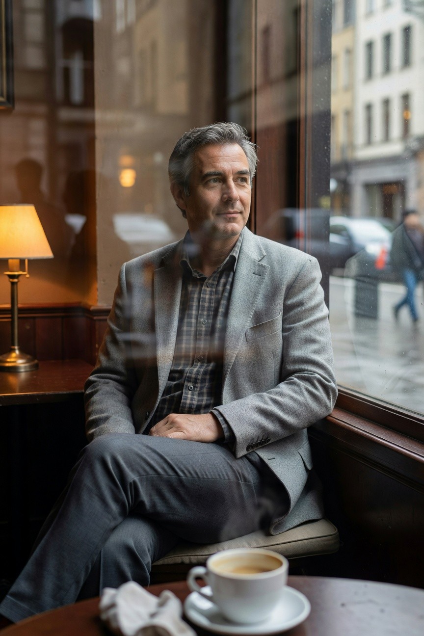 Man seated in light grey wool blazer over blue plaid button-up shirt and matching mid-grey trousers, hands clasped casually, coffee cup on wooden table nearby
