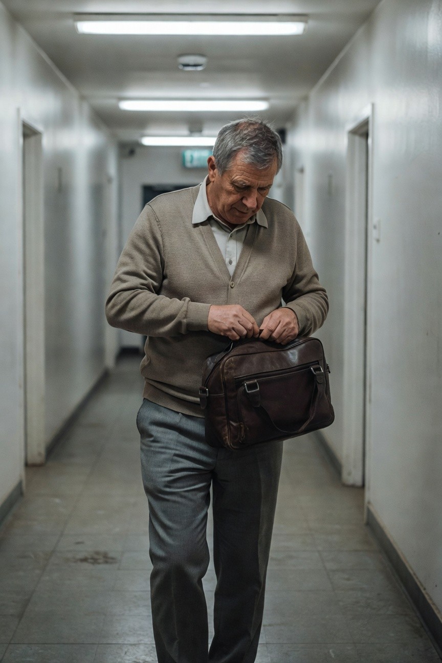 Older man in beige v-neck cardigan over white polo shirt, grey trousers, and brown leather satchel, walking down white-walled hallway adjusting bag straps