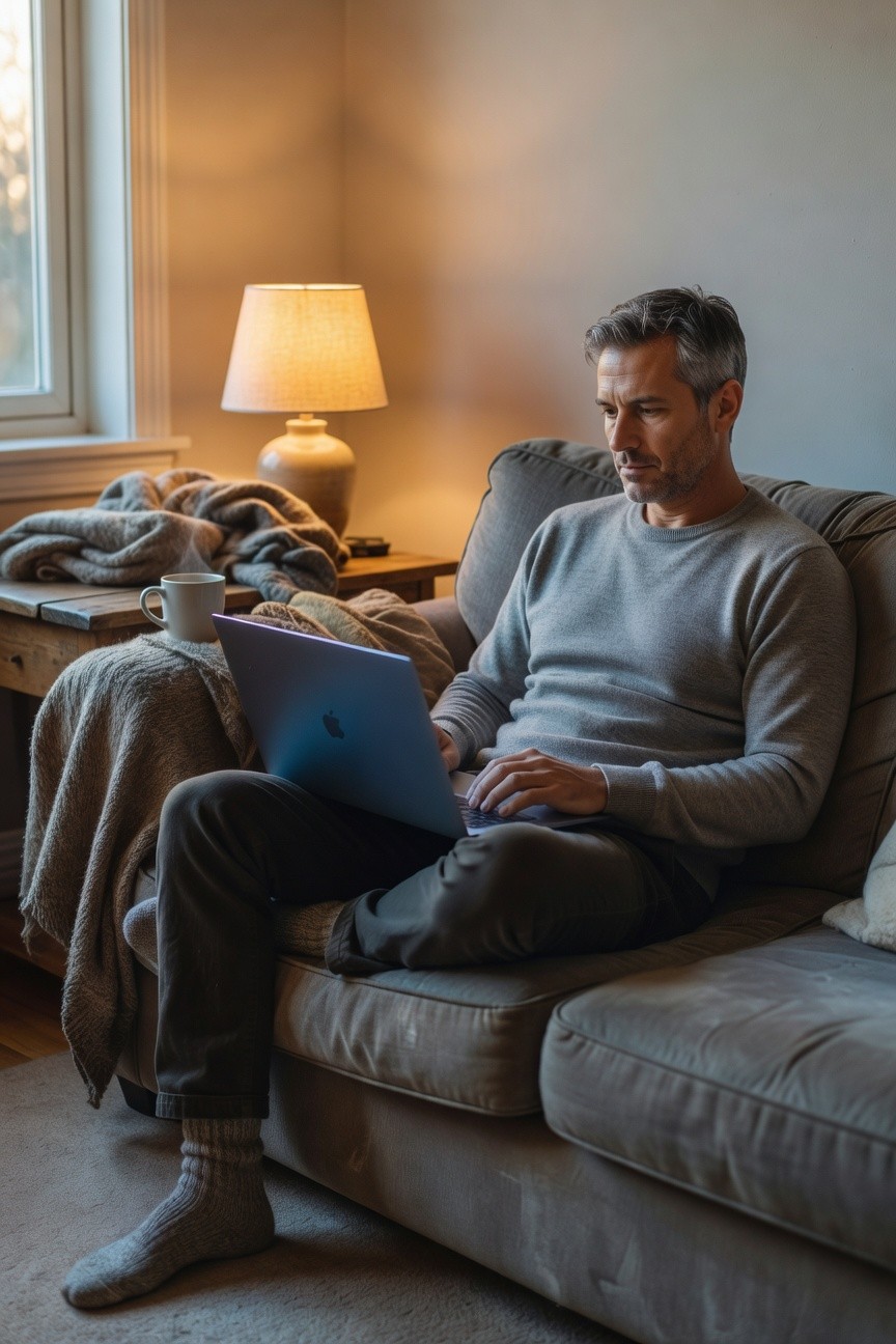Man in light grey crewneck knit sweater, dark grey slim trousers, and grey wool socks, seated and typing on a laptop