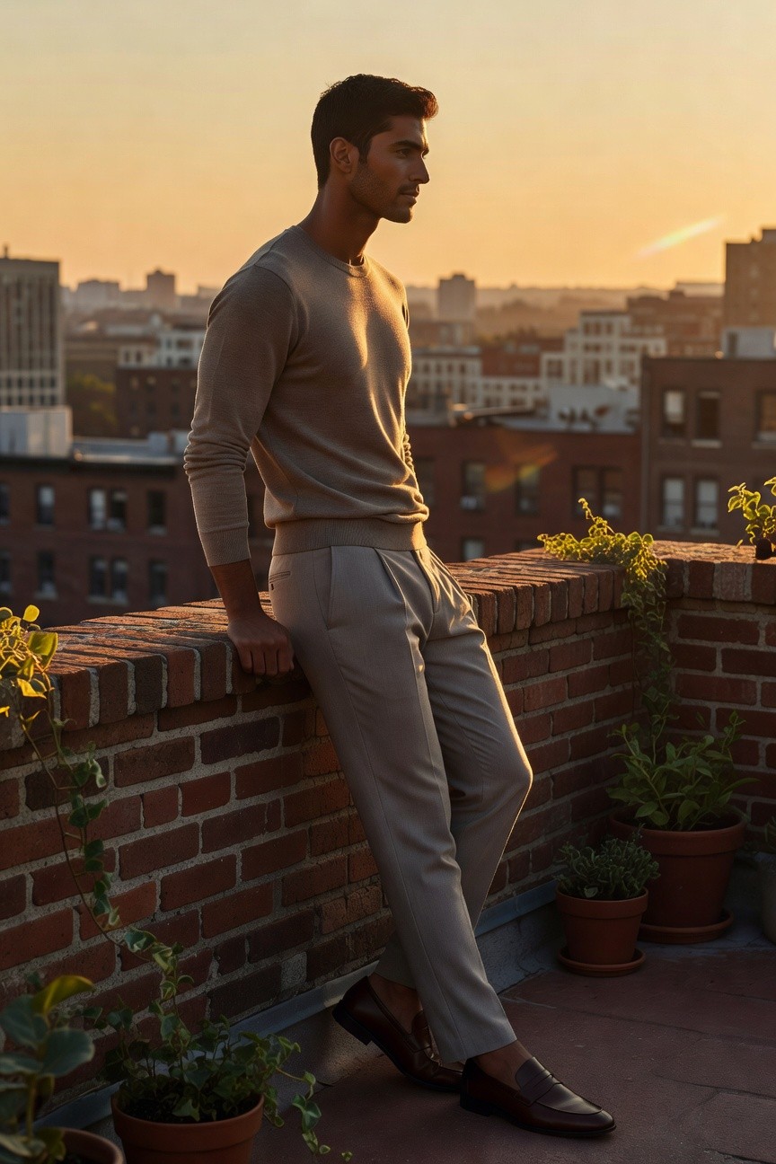 Profile view of a man in a light grey knit sweater and matching light grey trousers leaning against a brick ledge with brown loafers, city rooftop setting at dusk