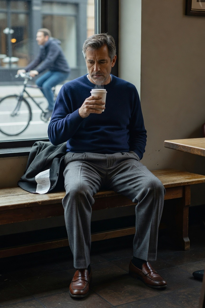 Man in navy blue sweater, grey trousers, and brown loafers sitting on a bench with coat draped nearby, holding a coffee cup