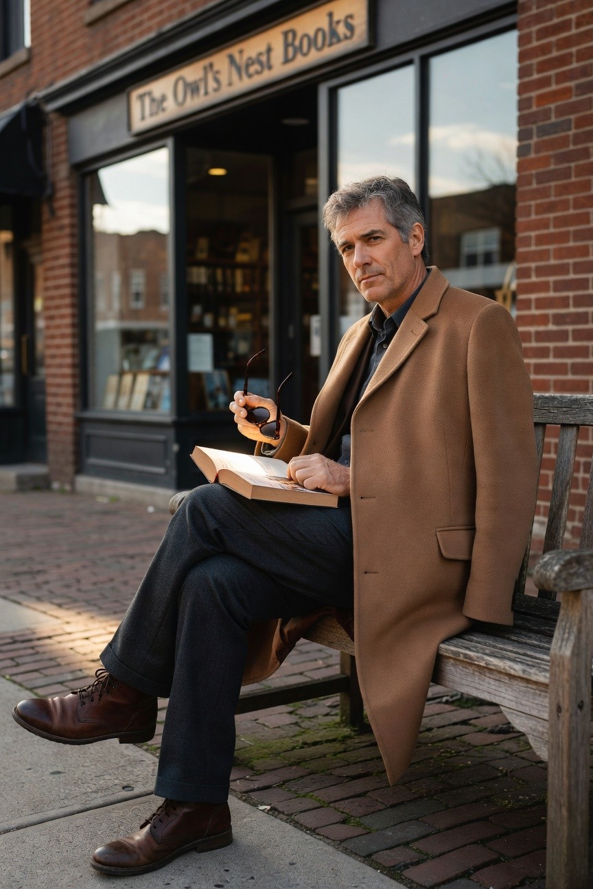 Man in dark grey wool trousers, camel overcoat, dark shirt, brown leather boots, holding sunglasses and open book while seated on wooden bench outside bookstore