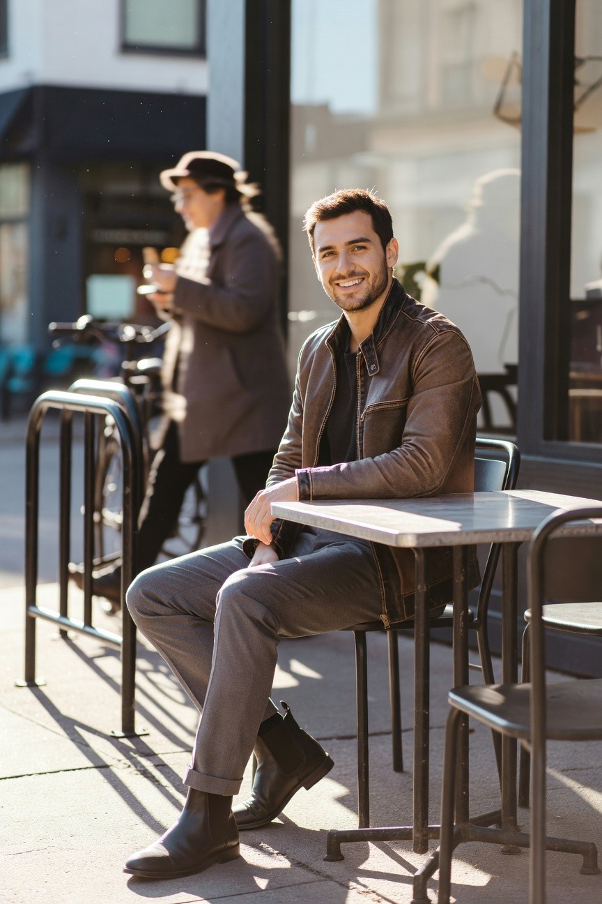 Man sitting casually at outdoor cafe table in slim cuffed grey trousers, brown leather jacket over dark shirt, black chelsea boots, smiling confidently with hand on table