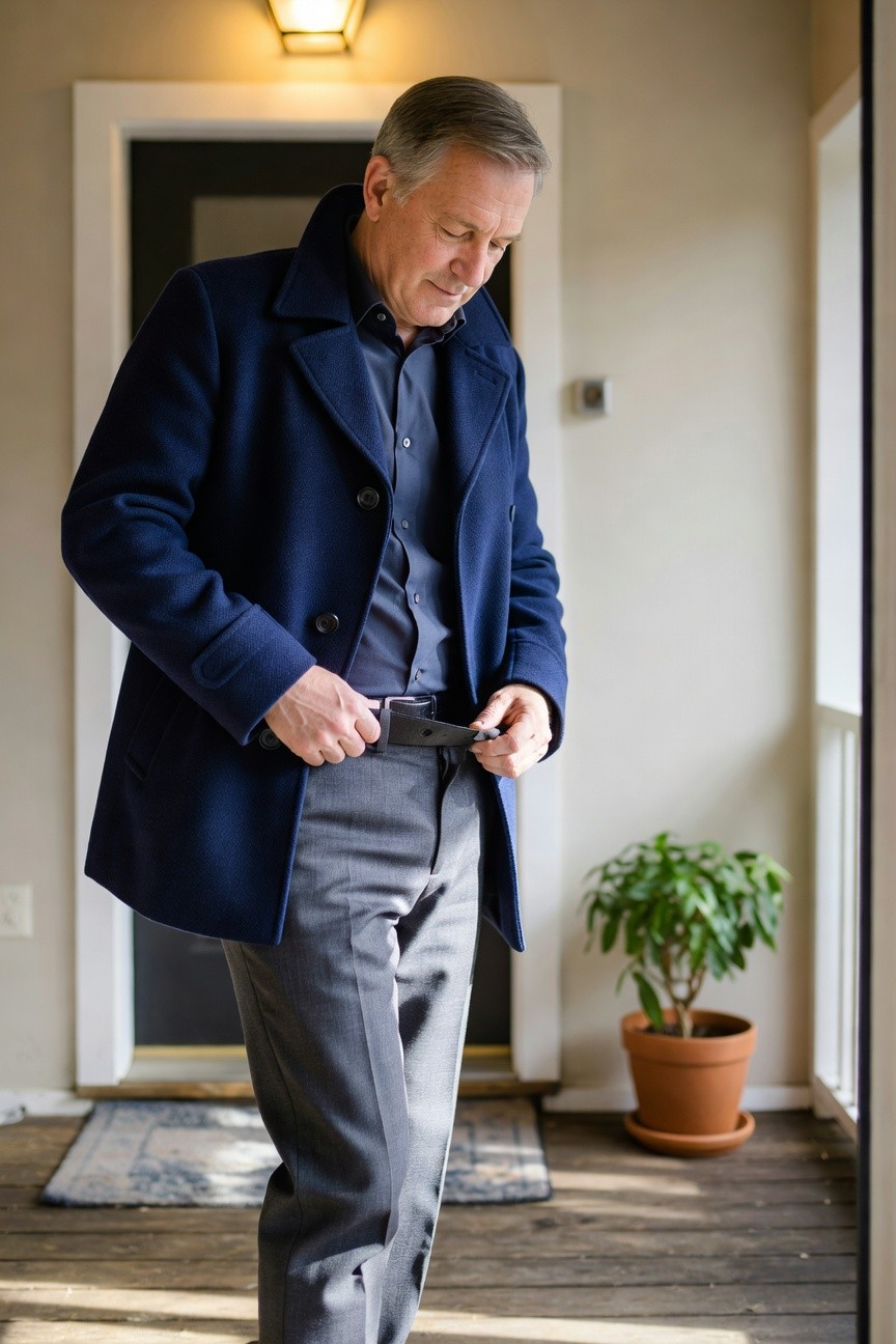 Mature man in navy wool peacoat over dark blue shirt, grey trousers, and black belt, standing on porch buckling his belt