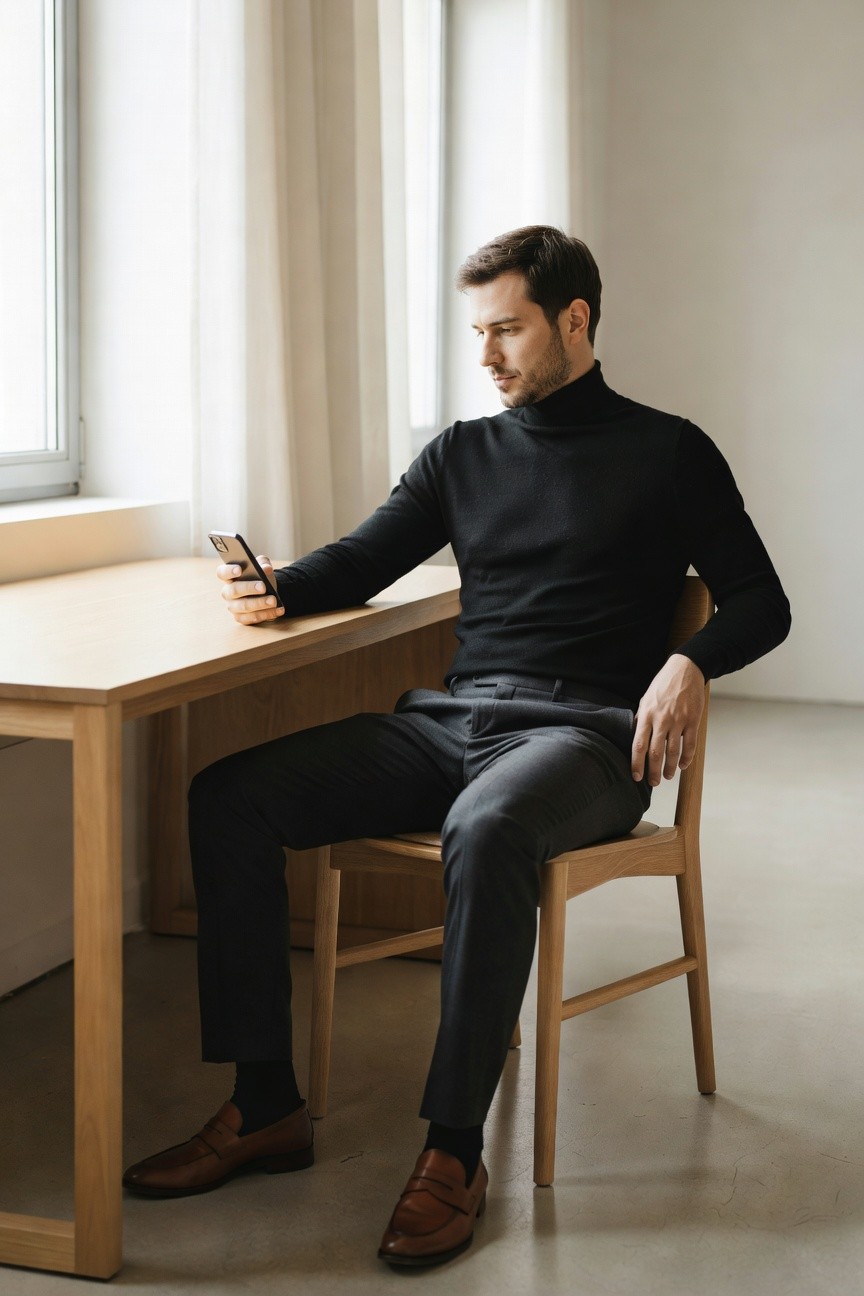 Man in black long-sleeve turtleneck, slim medium-grey trousers, brown leather loafers and dark socks, seated and holding smartphone