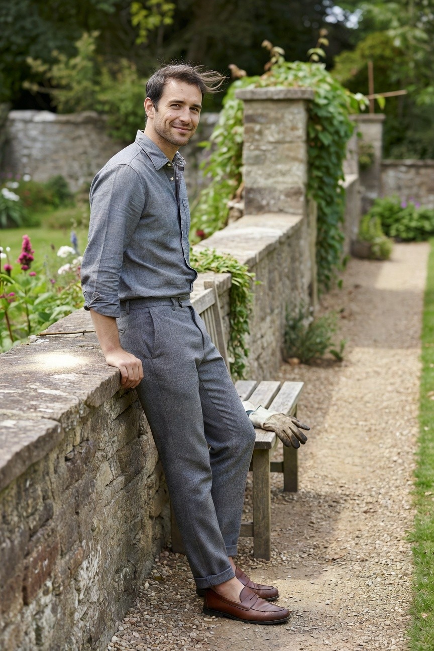 Man in light blue chambray shirt with rolled sleeves, mid-grey pleated trousers, and brown loafers, leaning casually against stone wall with garden bench nearby