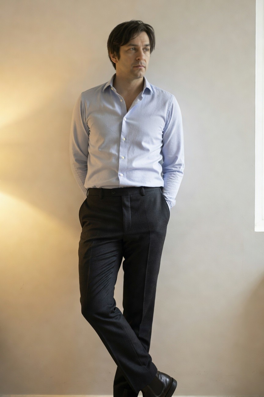 Man in light blue long-sleeve button-up shirt with open collar, charcoal grey slim trousers, hands in pockets, and black Chelsea boots, standing casually against a plain wall
