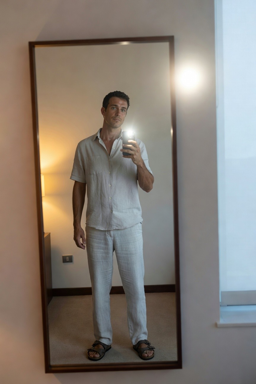 Man in light grey linen short-sleeve shirt and matching trousers stands in front of mirror for selfie holding phone with flash on, wearing brown leather sandals, neutral hotel room background