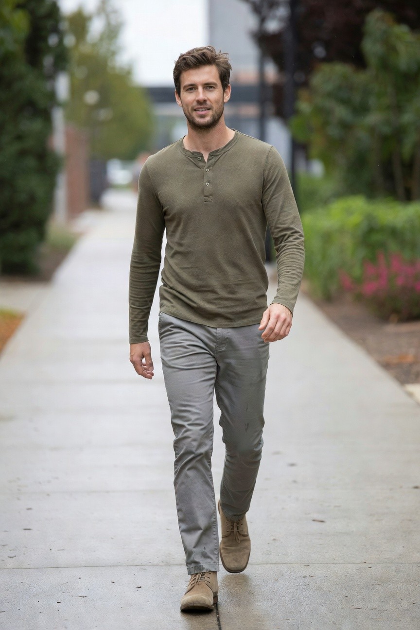 Man walking in olive green long-sleeve henley shirt, slim grey trousers, and beige suede chukka boots on a paved path