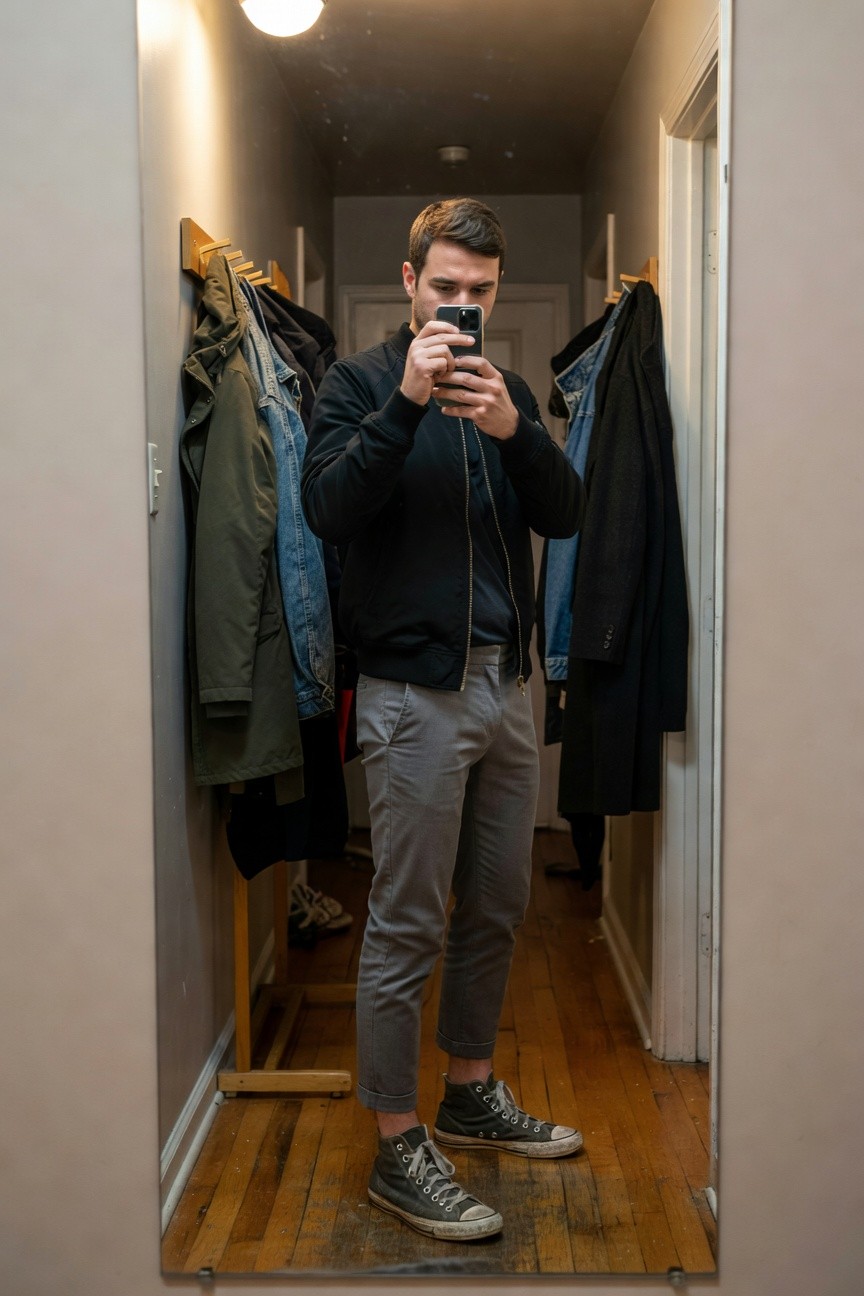 A man takes a mirror selfie in a hallway wearing slim light-grey cropped chinos, black zip-up bomber jacket over a dark shirt, silver chain necklace, and worn grey Converse high-top sneakers, with coats hanging on racks nearby