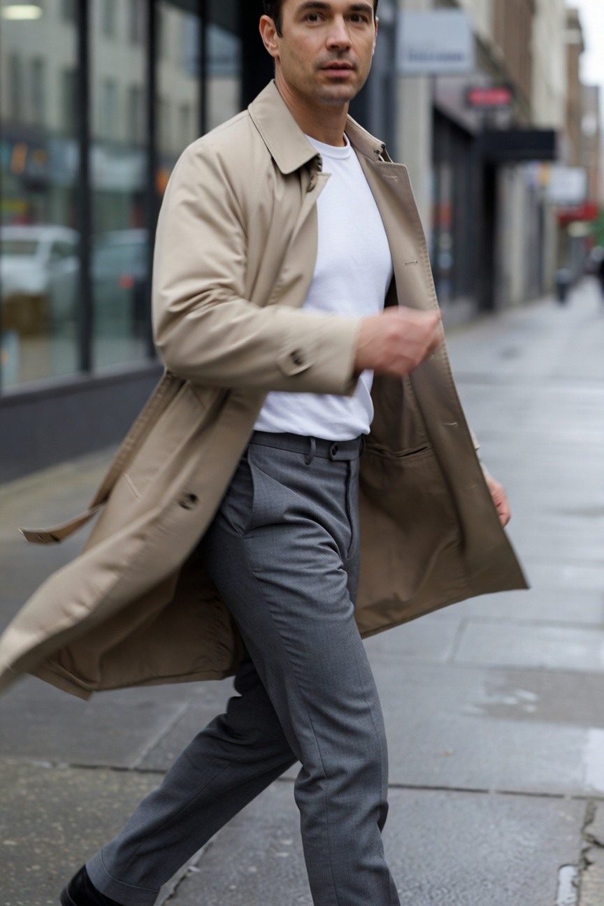 Man in open beige trench coat over white t-shirt and slim grey trousers with black dress shoes, walking on urban sidewalk
