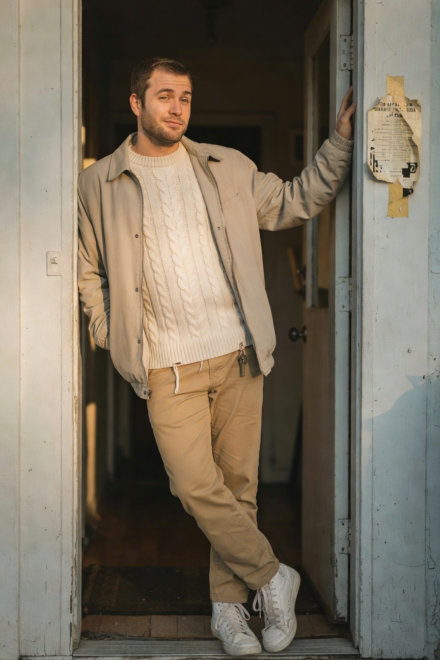 Man leaning casually in a doorway wearing a light beige jacket layered over a white cable knit sweater, khaki pants, and white sneakers, with keys hanging from the jacket zipper