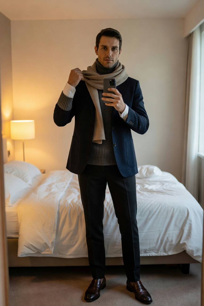 Man in navy pinstripe blazer over grey turtleneck sweater, beige scarf draped around neck, black trousers, brown loafers, standing in hotel room taking selfie