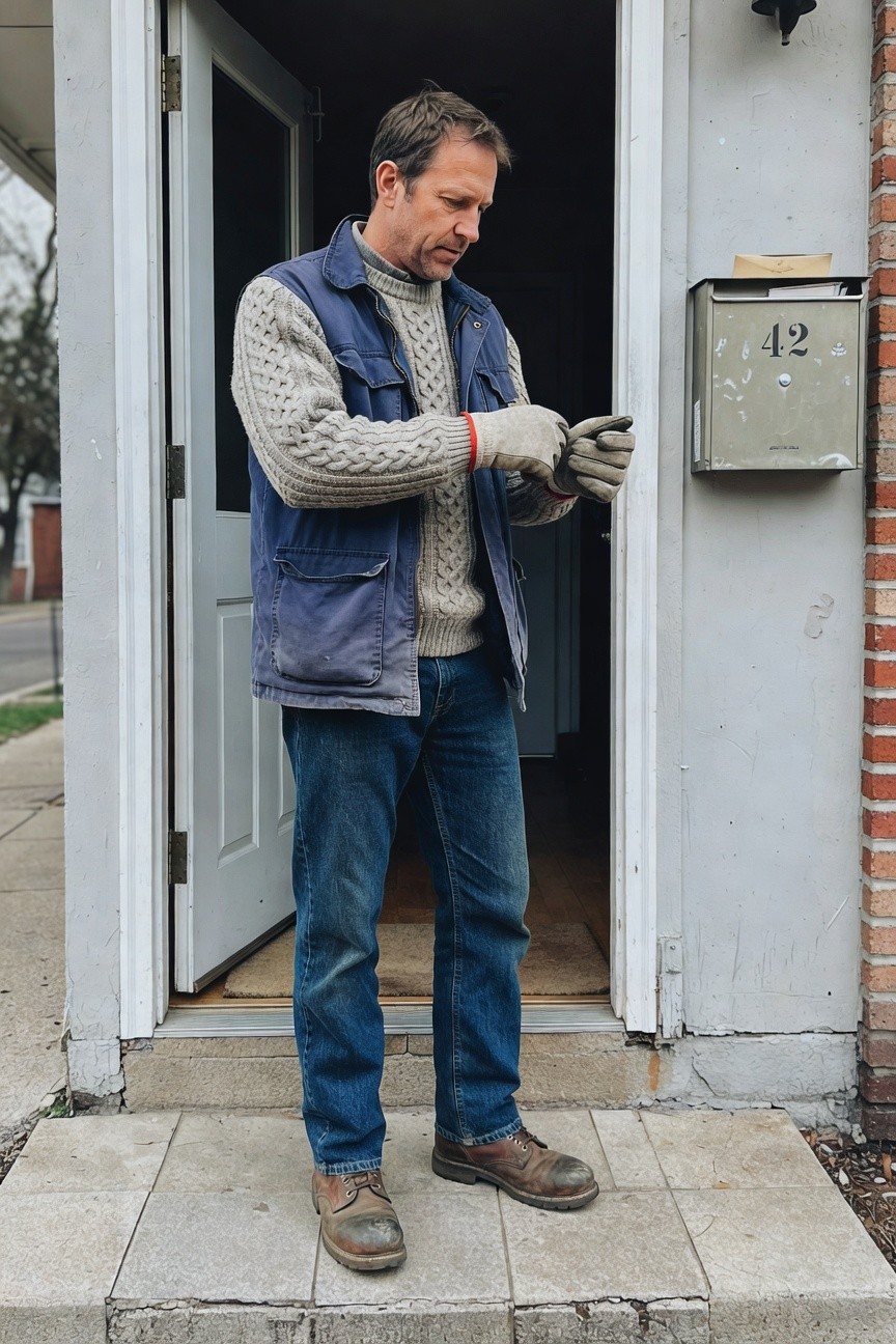 Middle-aged man at front door wearing gray cable knit sweater under navy vest, blue jeans, brown work boots, and brown gloves, standing on concrete steps next to metal mailbox numbered 42