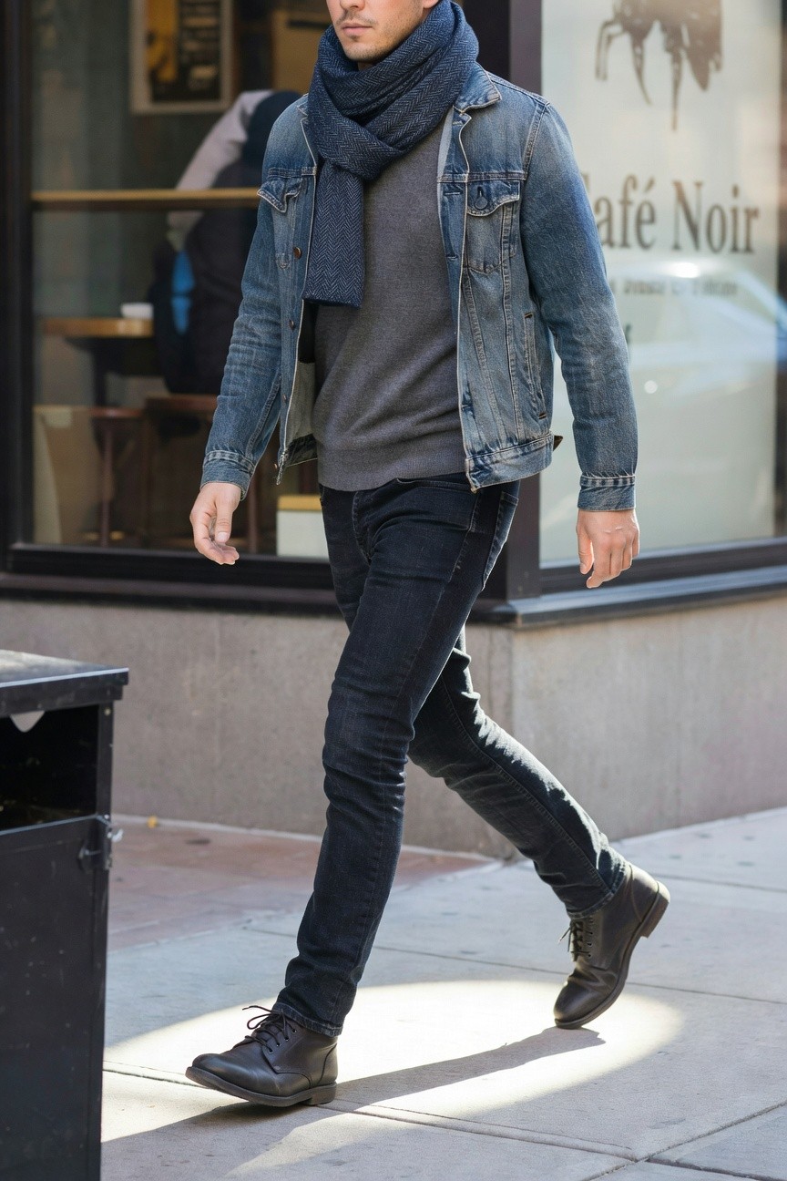 Man walking in blue denim jacket layered over gray crewneck sweater, navy herringbone scarf loosely wrapped around neck, slim black jeans, and dark brown leather lace-up boots on city sidewalk