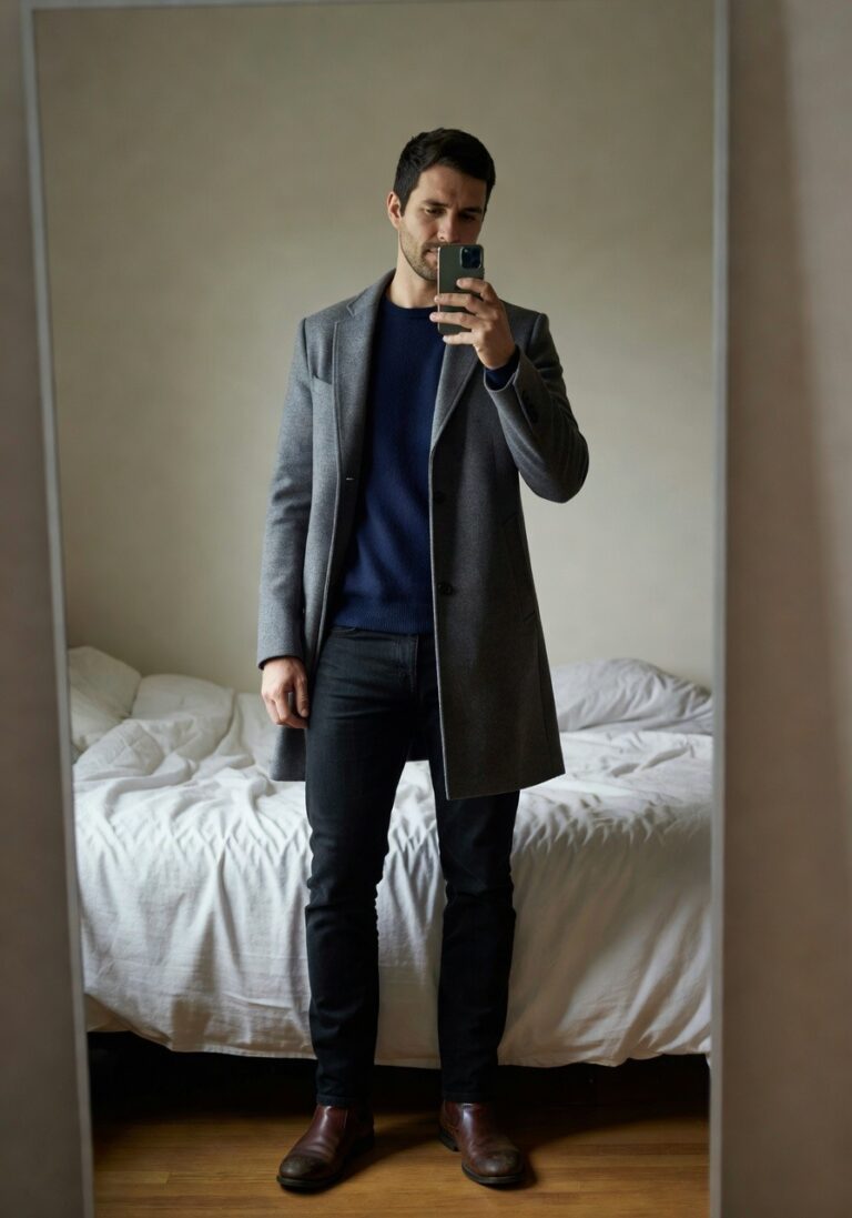 Man taking mirror selfie in open gray textured wool overcoat layered over navy crewneck sweater dark slim jeans and brown leather boots standing in bedroom with white bed in background