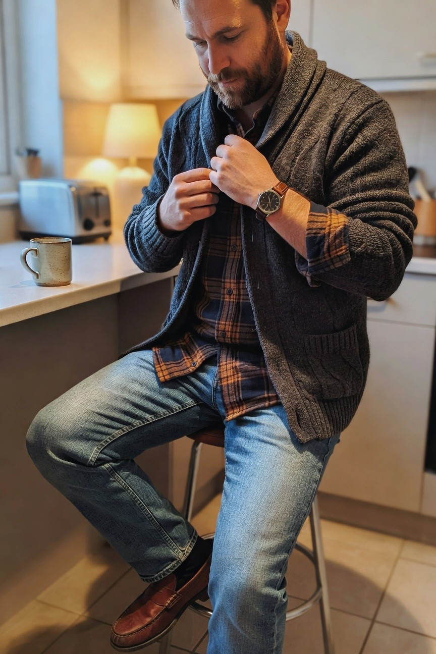 Man seated on kitchen stool adjusting gray open cardigan over orange navy plaid shirt, blue jeans, brown loafers, leather strap watch on wrist