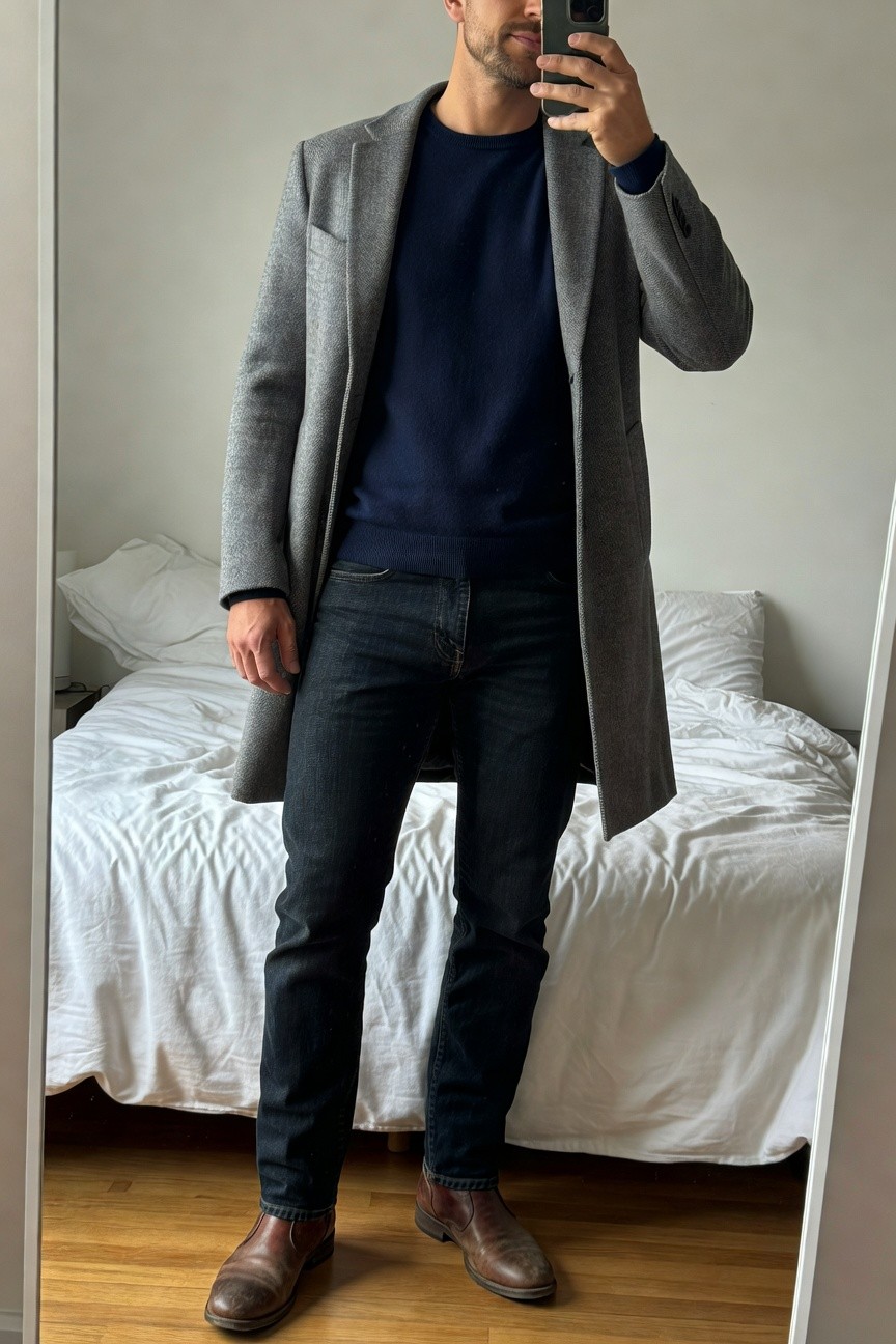 Man taking mirror selfie in open gray textured wool overcoat layered over navy crewneck sweater dark slim jeans and brown leather boots standing in bedroom with white bed in background