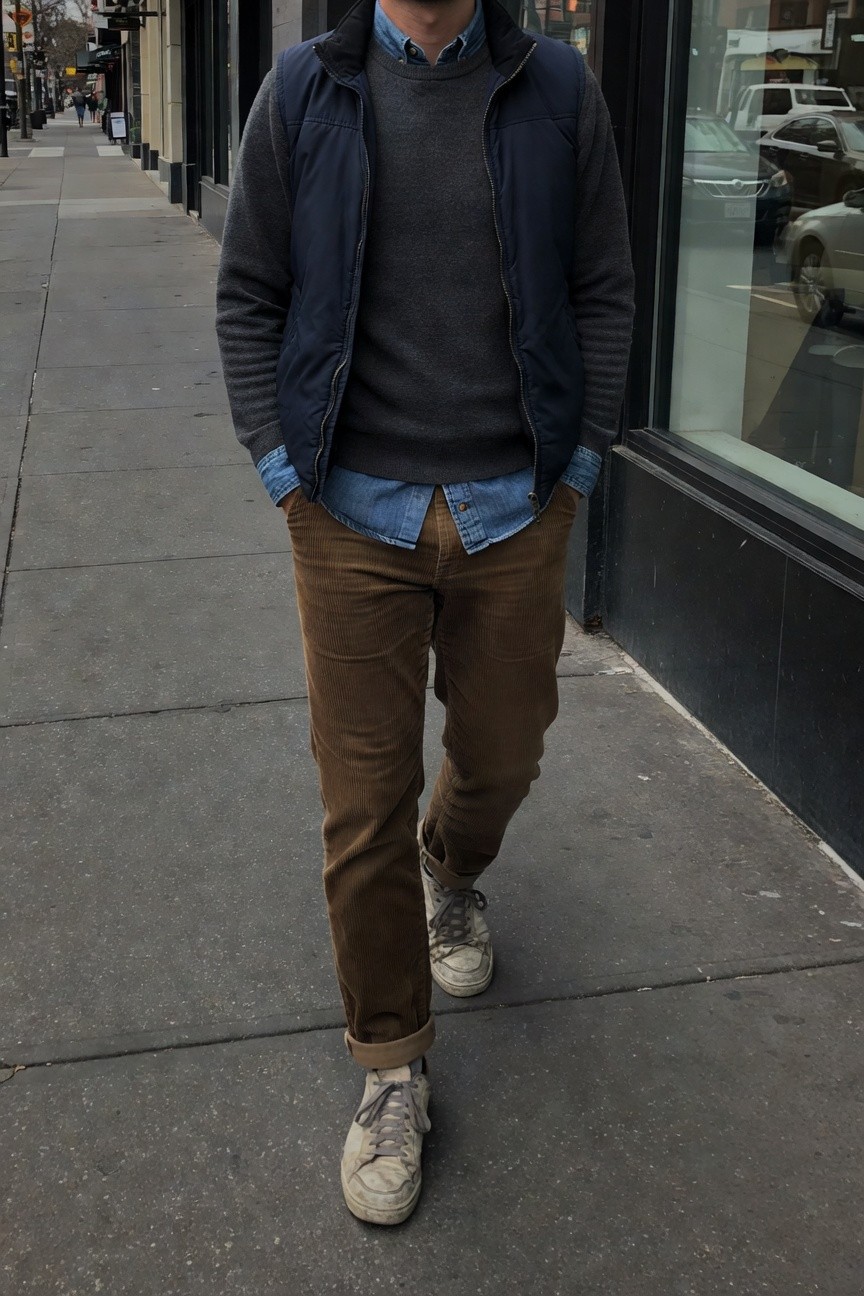 Man standing on urban sidewalk in navy puffer vest over gray crewneck sweater and blue collared shirt with rolled cuffs, paired with slim brown corduroy pants cuffed at ankles and worn white lace-up sneakers