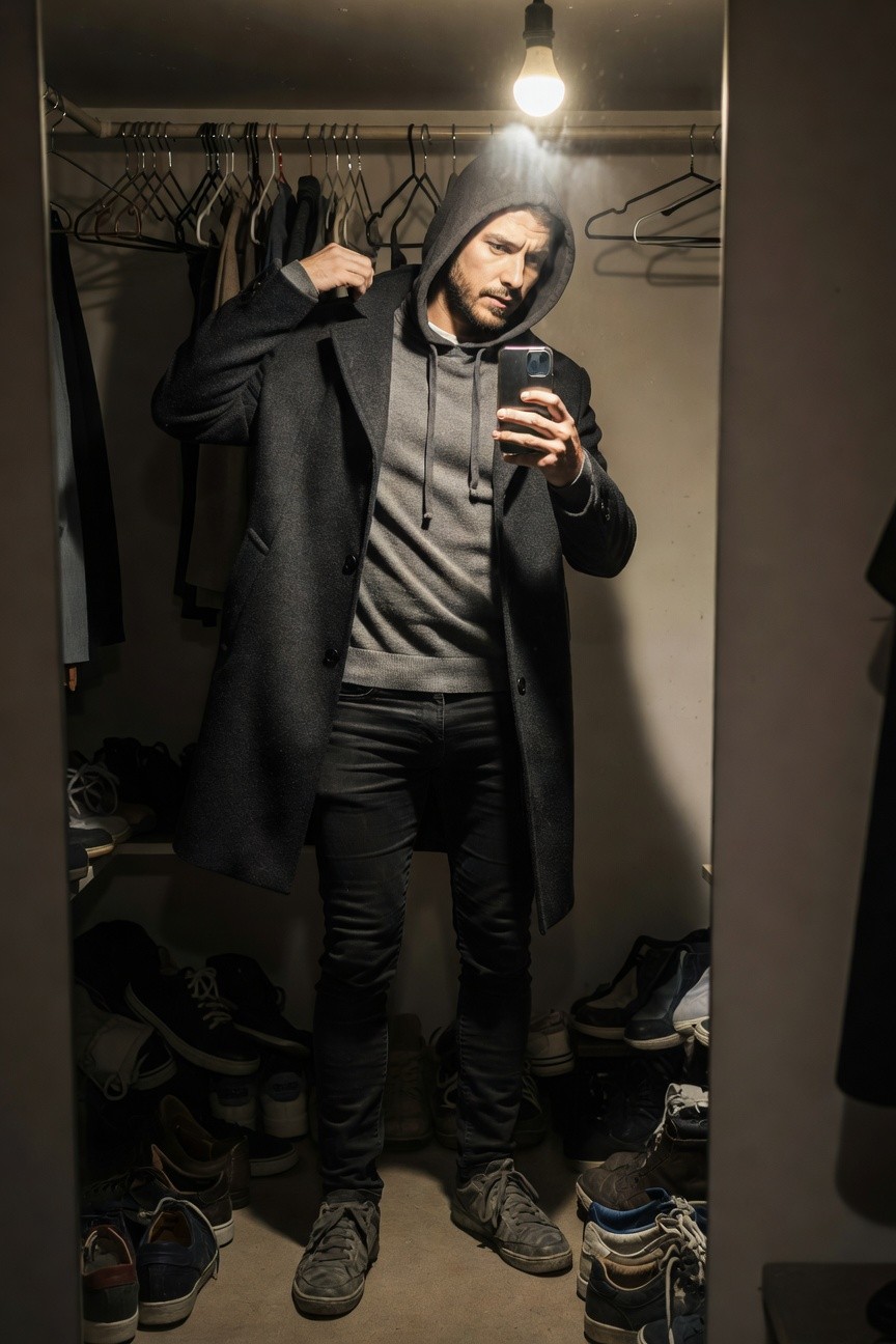 Man in mirror selfie wearing gray hoodie layered under long black wool overcoat with black slim jeans and gray lace-up sneakers in a dimly lit closet with clothes and shoes around