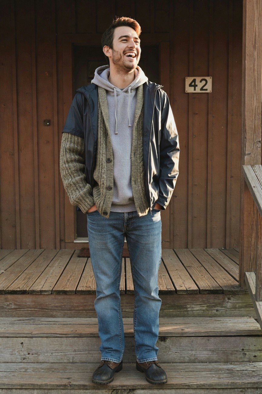 Man smiling on wooden porch steps in gray hoodie under black and beige knit-sleeved jacket, straight blue jeans, and black duck boots, hands in pockets