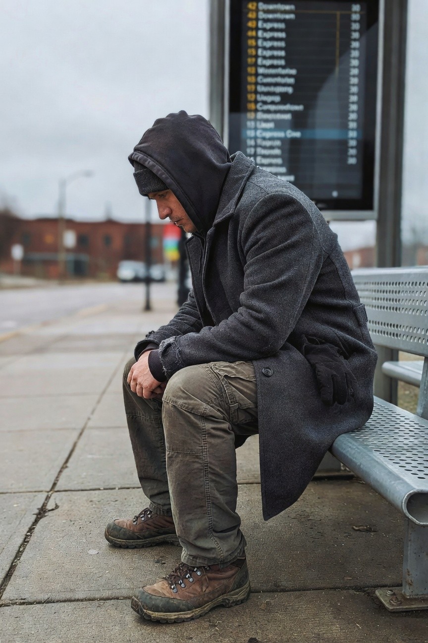 Man sitting on bus bench in layered outfit of black hoodie under gray wool overcoat, khaki cargo pants, black gloves, and brown hiking boots, bus schedule display in background