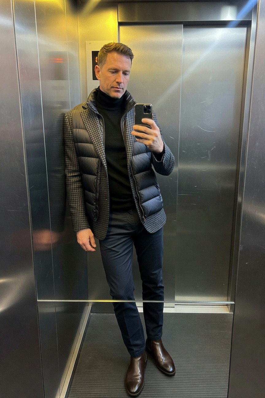 Man taking elevator selfie in gray houndstooth puffer jacket over black turtleneck, navy trousers, and brown Chelsea boots, modern layered look