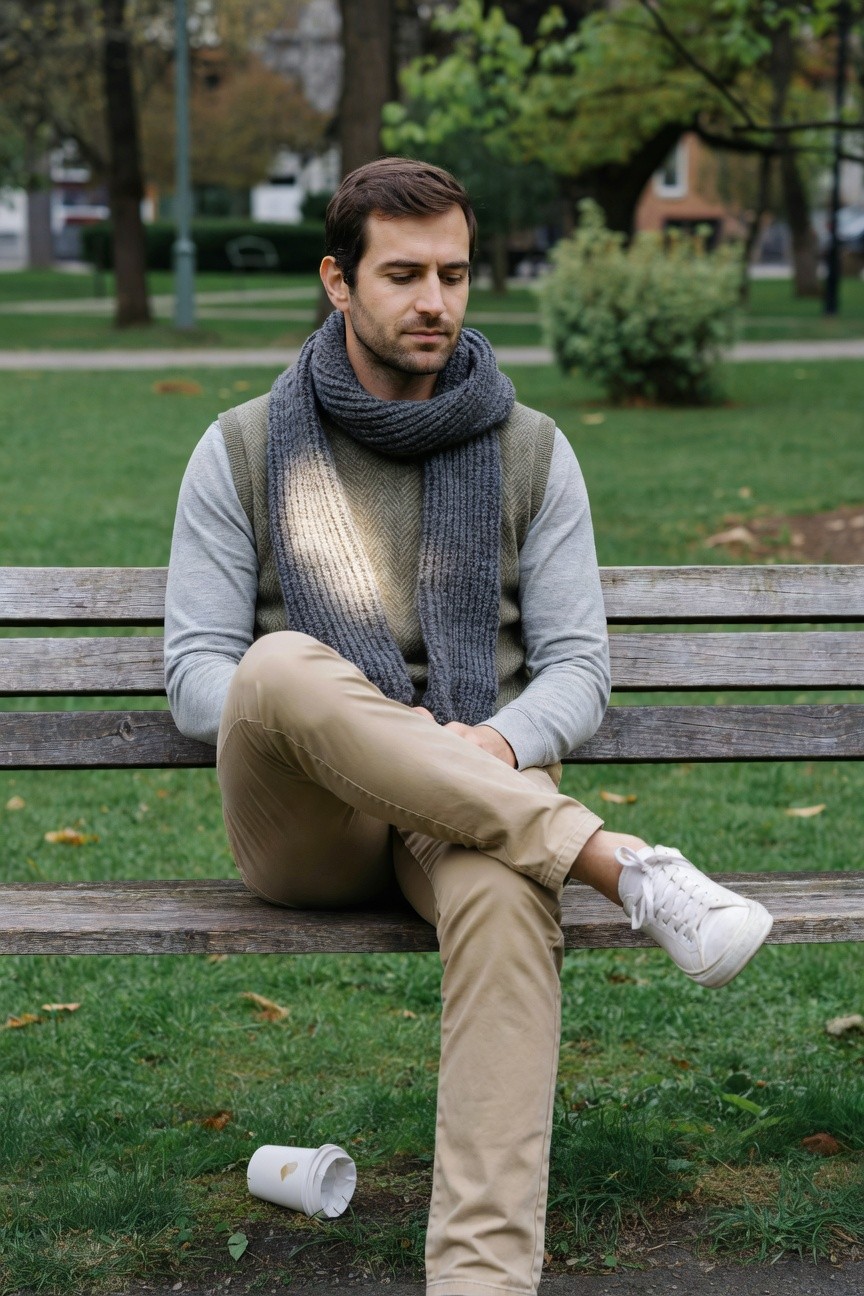 Man sitting on wooden park bench wearing olive sweater vest over gray long-sleeve shirt, thick gray knit scarf draped around neck, beige chinos, and white sneakers, with empty white coffee cup on grass nearby