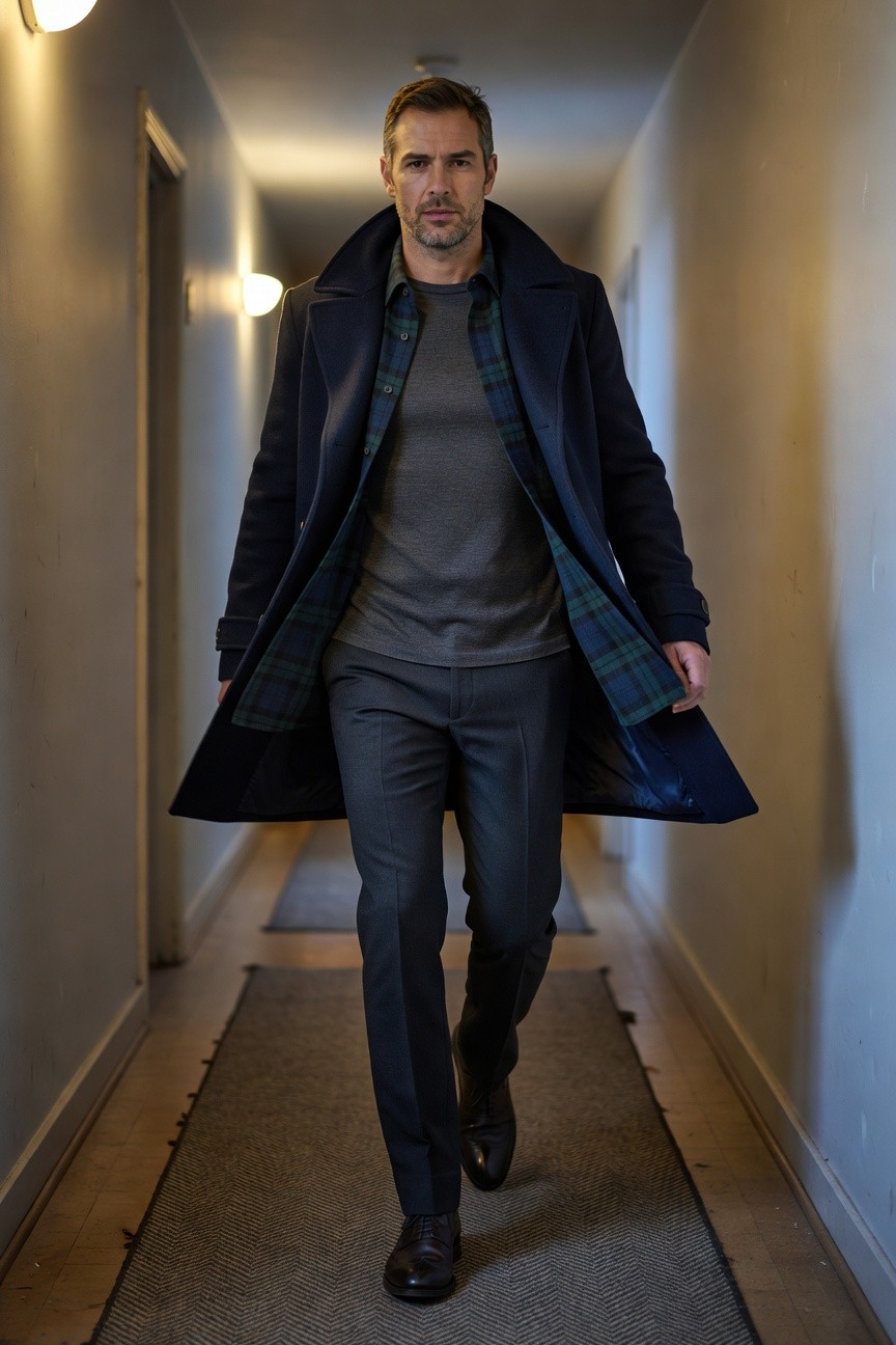 Man walking down a lit hallway in an open navy wool overcoat revealing plaid lining and grey crewneck sweater layered over plaid shirt collar, paired with slim grey trousers and black leather oxfords