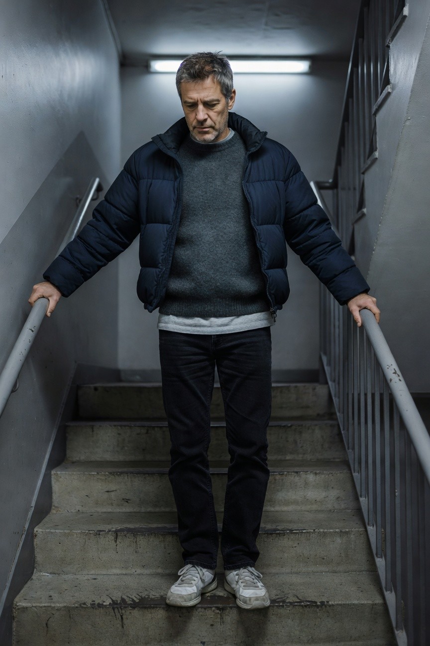 Middle-aged man in navy blue puffer jacket layered over gray sweater and turtleneck, black jeans, white sneakers, standing on concrete stairs holding metal railings