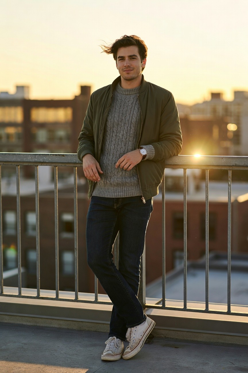 Man in olive green zip-up bomber jacket layered over gray cable-knit sweater, dark slim jeans, white low-top sneakers, and wristwatch, leaning casually on metal railing