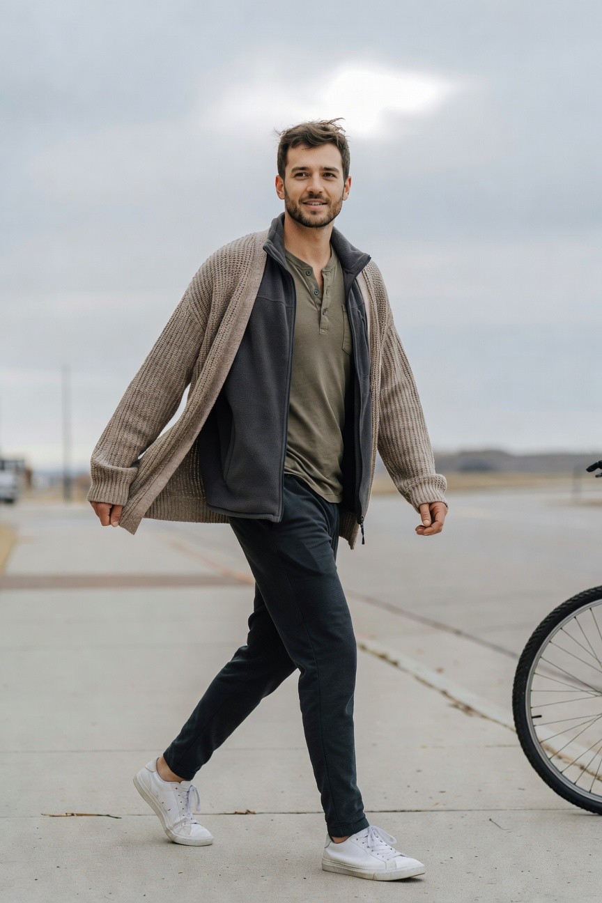 Man walking in open beige knit cardigan layered over black fleece vest and olive green polo shirt with black joggers and white sneakers near a bicycle wheel