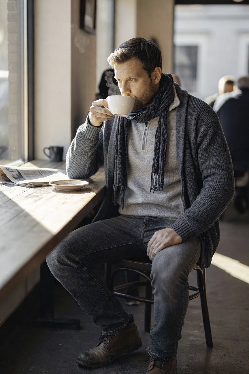 Man in open gray cardigan layered over lighter gray zip-neck sweater with black-and-gray striped scarf, dark slim jeans, and brown leather boots, seated at wooden table with newspaper and coffee cup