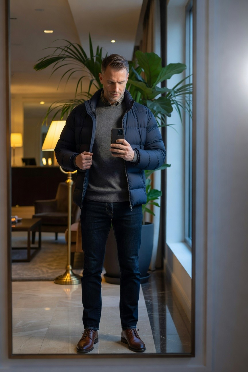 Man in hotel lobby mirror selfie wearing open navy blue puffer jacket over gray crewneck sweater with check shirt collar, slim dark jeans, and brown leather oxford shoes, holding smartphone