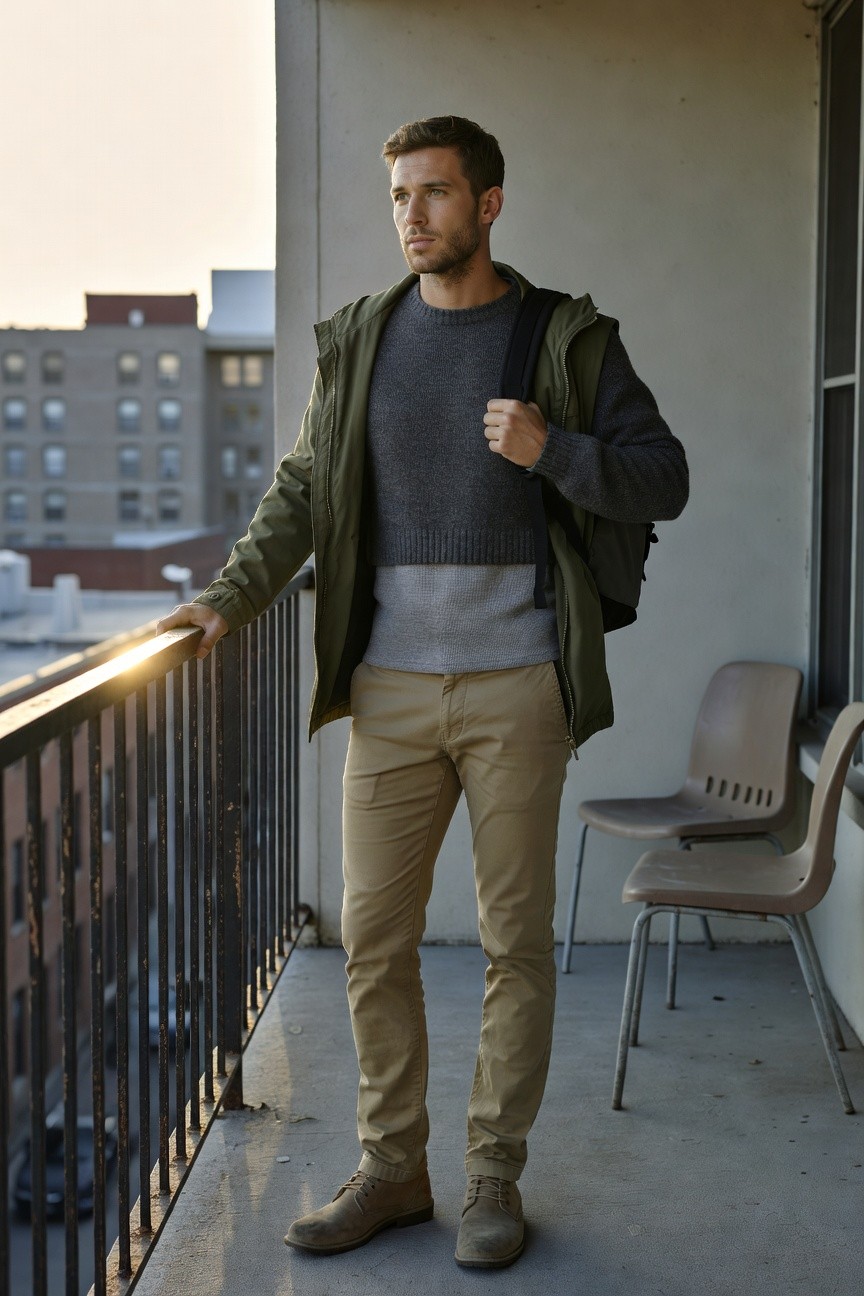 Man in layered outfit with gray knit sweater under open green parka, khaki chinos, brown boots, and backpack, standing casually