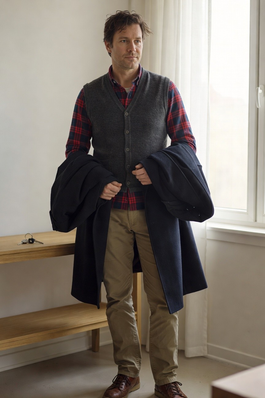 Man in red plaid button-up shirt layered with gray wool vest, khaki chinos, brown leather boots, holding navy wool overcoat over arm indoors near wooden bench with keys