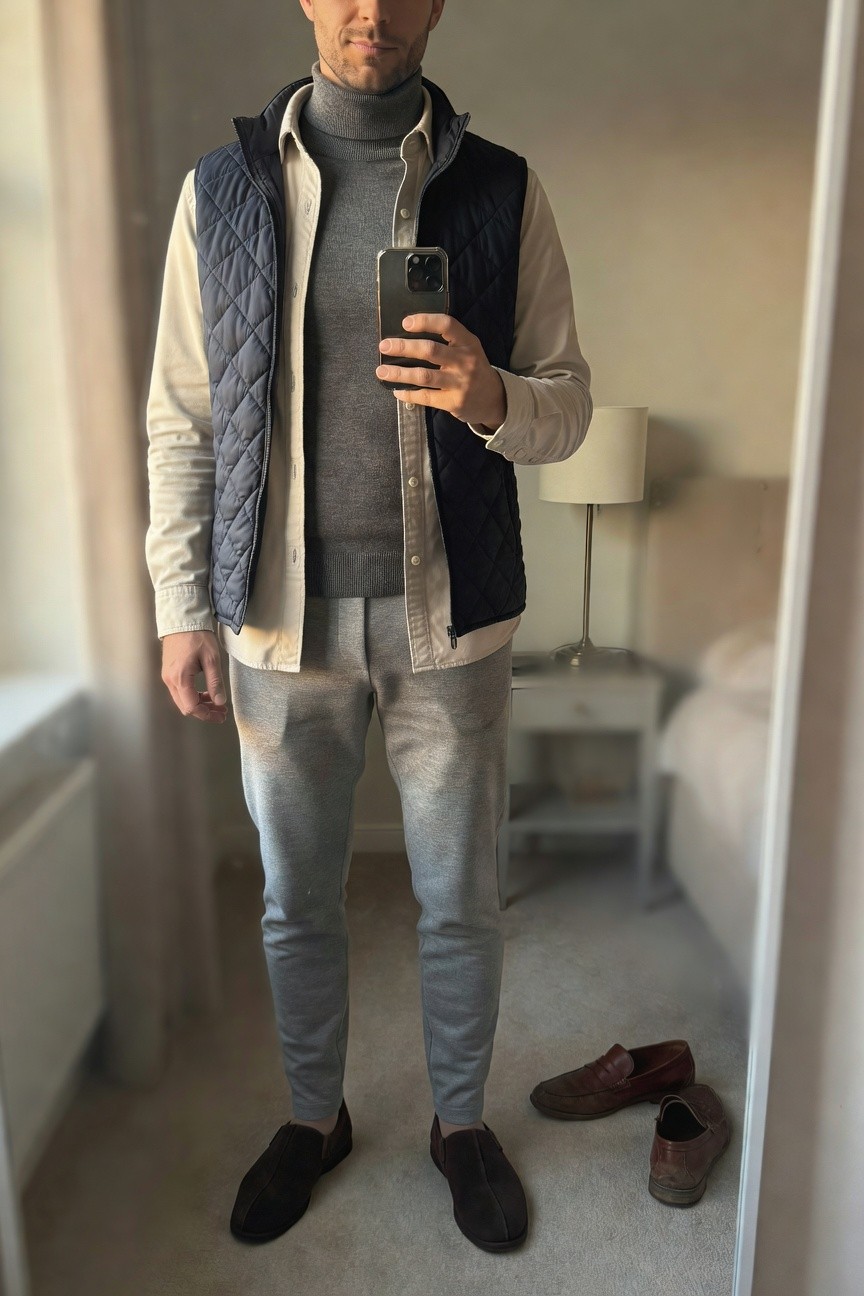 Man in mirror selfie wearing cream button-down shirt layered over gray turtleneck with navy quilted vest, gray jogger pants cuffed at ankles, brown suede slippers, holding phone in modern bedroom setting
